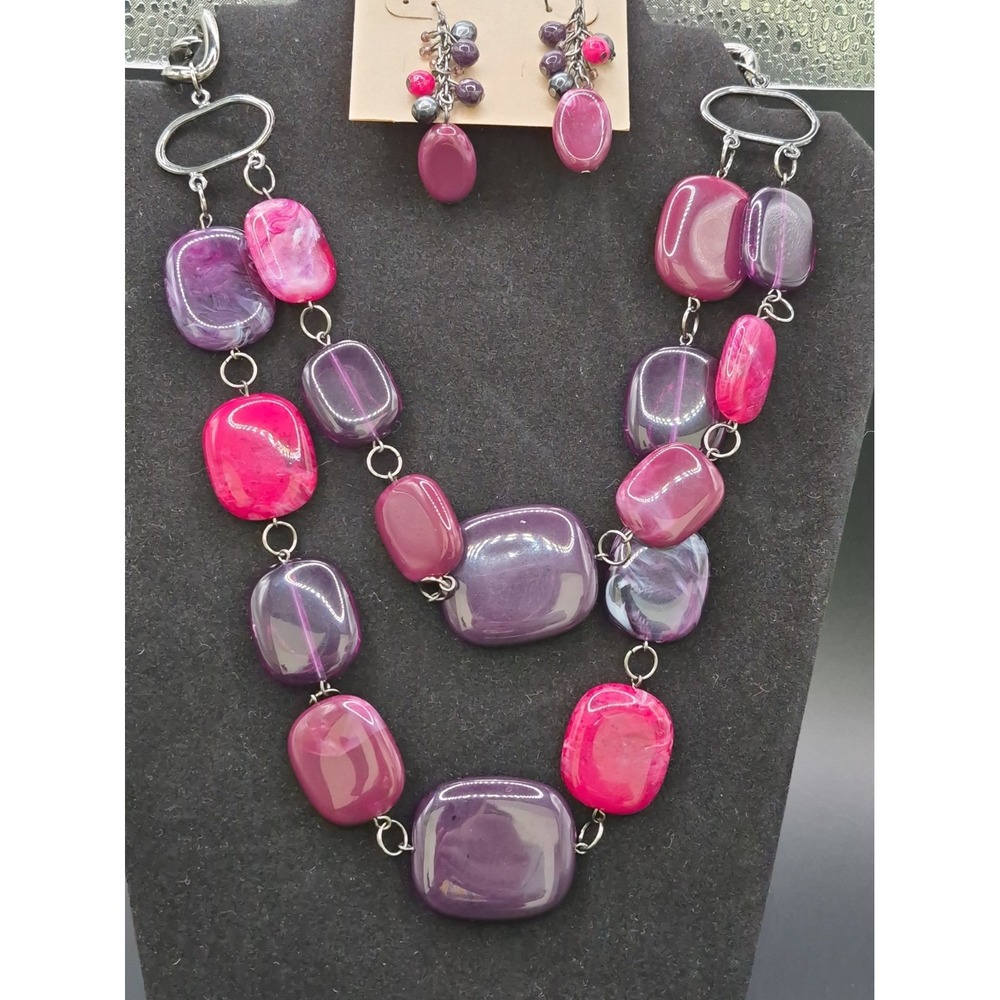 Erica Lyons Chunky Layered Purple Acrylic/Lucite Necklace 20" & Earrings Set